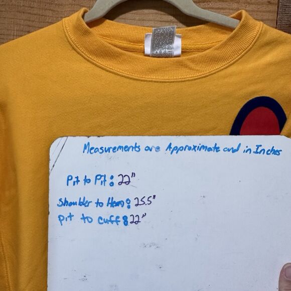 Champion Crew Neck Reverse Weave Sweatshirt Big Spell Out Velvet Logo M GOLD - Picture 2 of 9